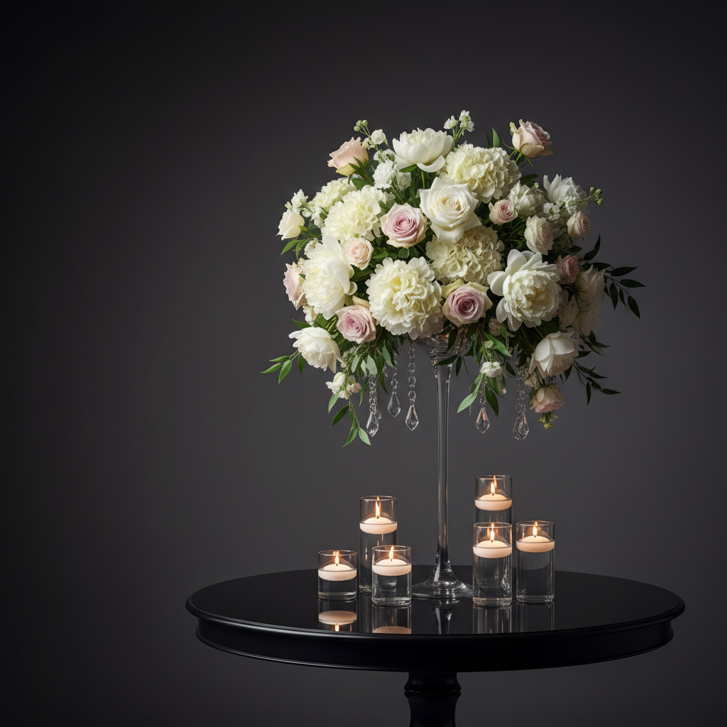 An opulent wedding centerpiece design displayed on a round, glossy black table in a minimalist studio setting. A tall, slender crystal stand supports a lush, overflowing arrangement of white peonies, hydrangeas, and soft blush roses interspersed with delicate greenery. Around the base, several slim glass cylinders contain floating candles, their flames casting gentle reflections on the polished surface. The background is a smooth, dark charcoal gradient, allowing the centerpiece’s colors and details to stand out. Soft studio lighting from the side creates a refined play of light and shadow on petals and glass. Photographic realism, eye-level composition with a slightly off-center framing, expressing elegance, intimacy, and the meticulous artistry of premium event decor design.
