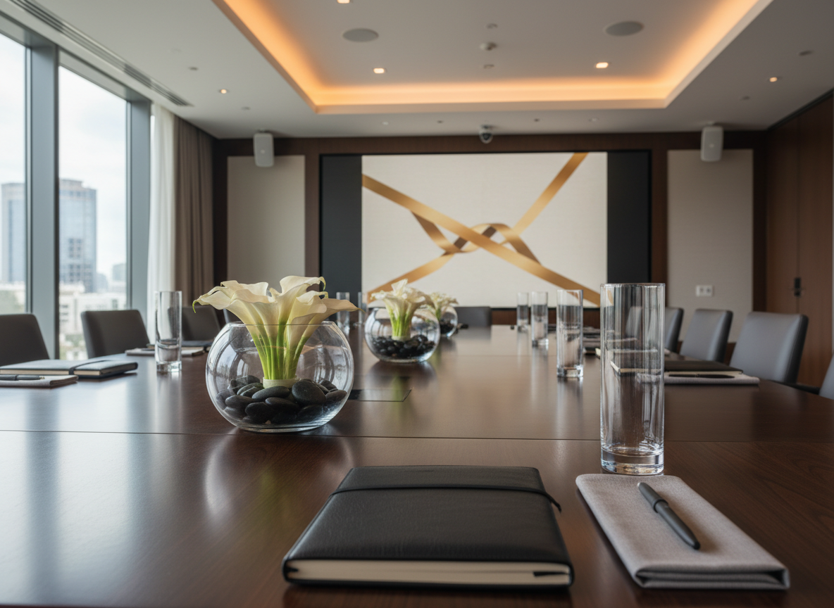 A refined corporate event setup in a contemporary conference space, featuring a long, dark wood table impeccably arranged with minimalist centerpieces of low glass bowls filled with white calla lilies and smooth black stones. Each seat has a neatly aligned leather-bound notebook, matte black pen, and a slim crystal water glass. In the background, a large, wall-mounted screen displays an abstract, subtle celebratory pattern in muted gold tones. The room is lit by a combination of soft recessed ceiling lights and indirect natural light from floor-to-ceiling windows, creating a calm, focused ambiance. Captured in photographic realism from a wide, slightly elevated angle, the composition emphasizes clarity, order, and the sophisticated professionalism of a flawlessly organized corporate event.