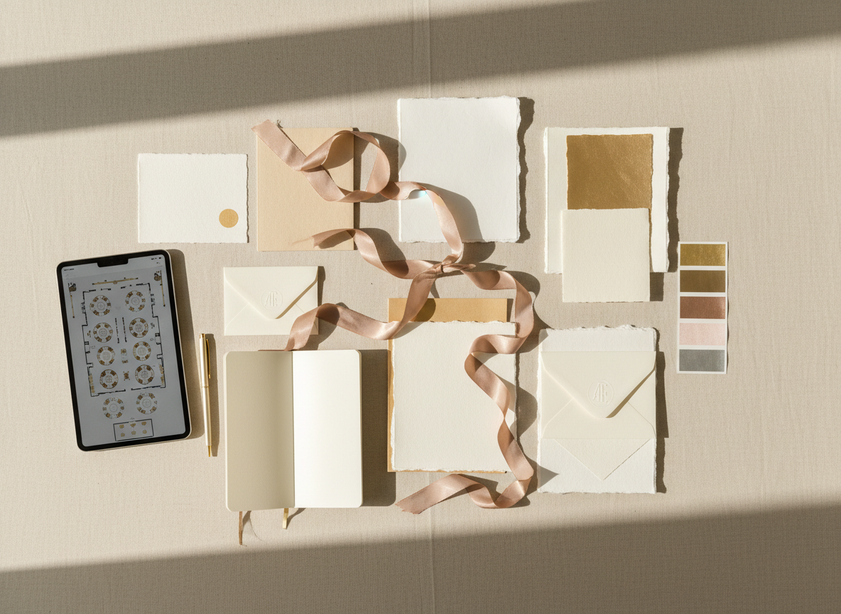 A meticulously curated moodboard for a luxury event, laid out on a smooth, light beige linen-covered surface. High-quality printed swatches of textured papers, satin ribbons in champagne and dusty rose, small envelopes with embossed monograms, and metallic foil color chips are arranged in harmonious clusters. A sleek tablet displaying a digital floor plan and a polished gold pen rest nearby. Soft natural daylight from an unseen window falls diagonally across the layout, creating gentle shadows and highlighting the textures of fabric and paper. Shot in photographic realism from a top-down, bird’s-eye perspective with sharp focus throughout, the composition feels organized, creative, and strategic, perfectly evoking premium event planning and sophisticated design thinking.