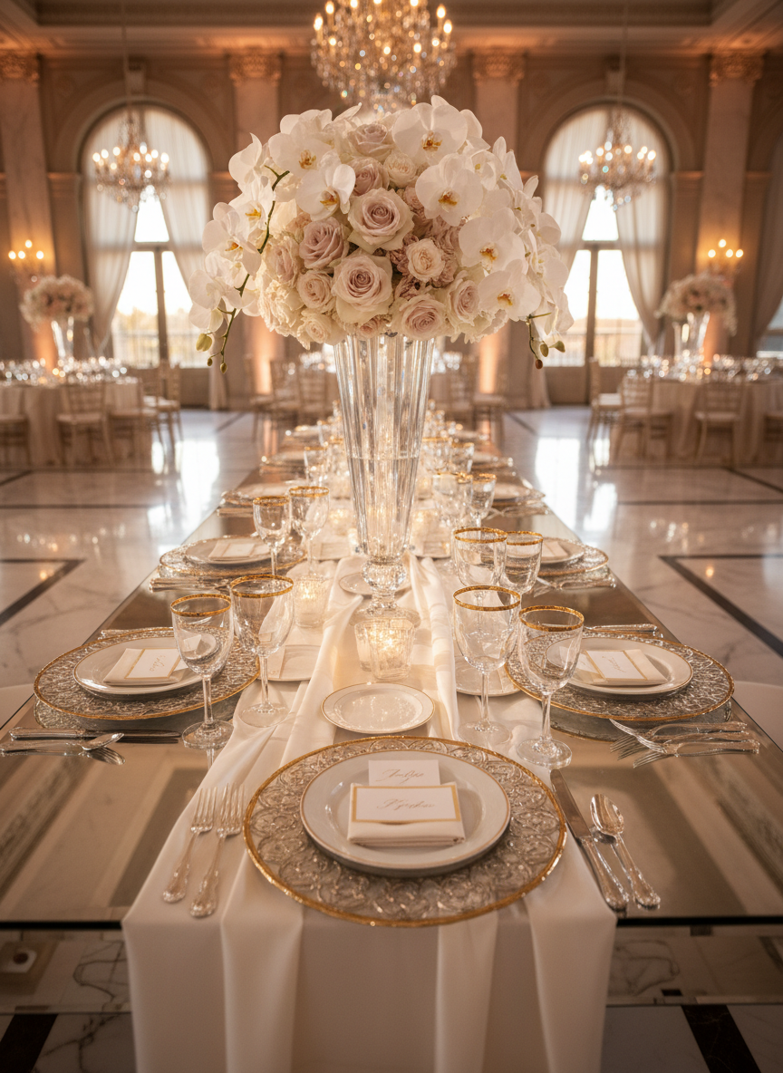 A luxurious event reception table meticulously arranged for a high-end gala, featuring an elongated mirrored tabletop covered with fine ivory linen runners and towering crystal vases overflowing with white orchids and pale blush roses. Delicate gold-rimmed glassware, charger plates with intricate metallic detailing, and neatly folded satin napkins with minimalist place cards create a refined symmetry. The table is set in a grand hall with marble floors and tall windows, bathed in soft golden hour light from chandeliers and window glow, casting subtle reflections on the glass and metal surfaces. Photographic realism, eye-level composition with a shallow depth of field, emphasizing elegance, exclusivity, and a sophisticated, dreamlike atmosphere.