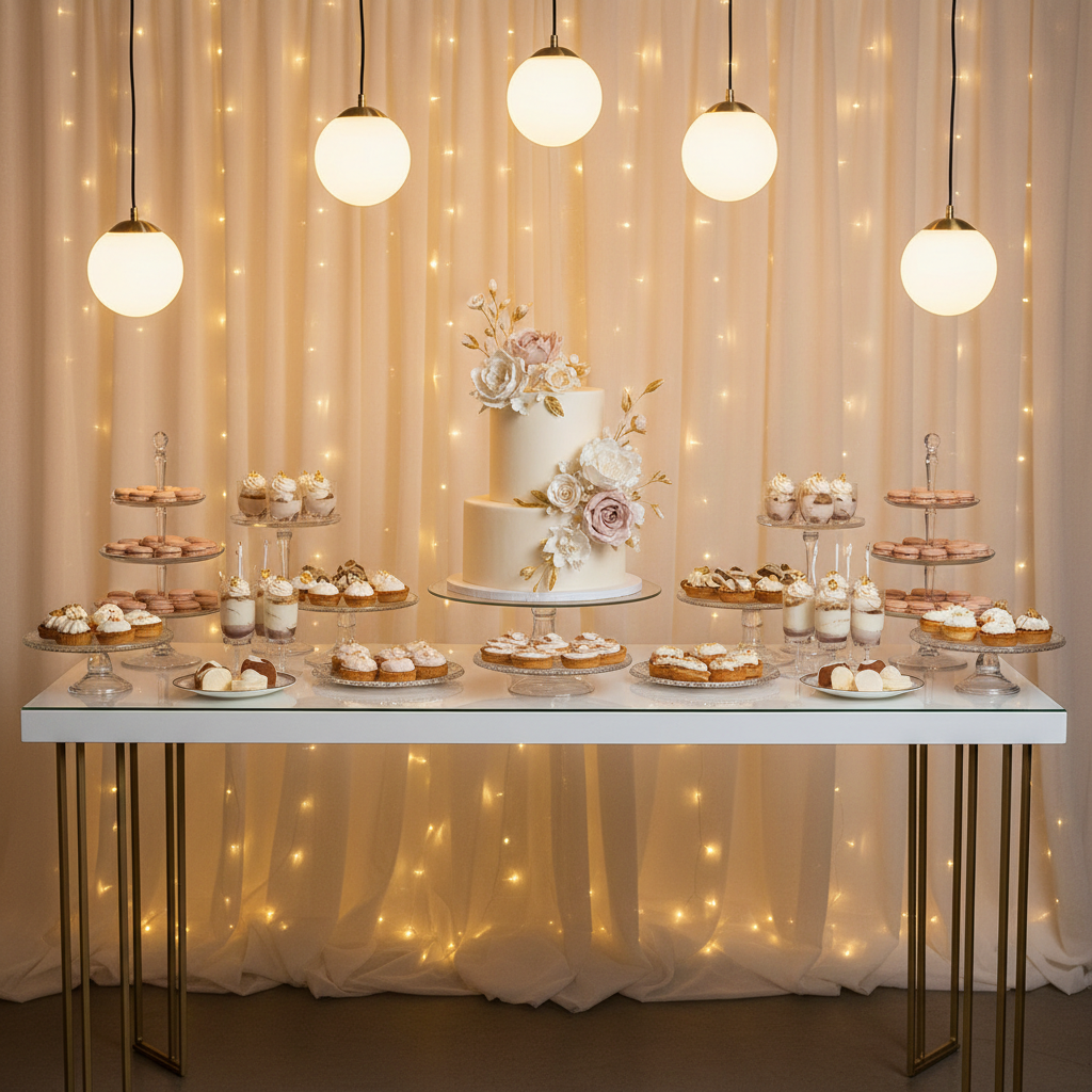 An exquisitely styled dessert buffet for a premium celebration, arranged on a long, glossy white console table with slender metallic legs. Multi-tiered glass stands display perfectly aligned macarons in champagne and rose hues, miniature mousse cups in crystal-clear vessels, and a central showpiece cake covered in smooth ivory fondant with delicate sugar flowers. Behind the table, a textured champagne-colored backdrop with soft, shimmering lights creates a subtle bokeh effect. The scene is illuminated by diffused warm pendant lighting from above, producing gentle highlights on the glass and desserts. Captured in photographic realism from a slightly elevated angle, the composition is balanced and airy, conveying indulgence, meticulous organization, and a sophisticated, celebratory mood.
