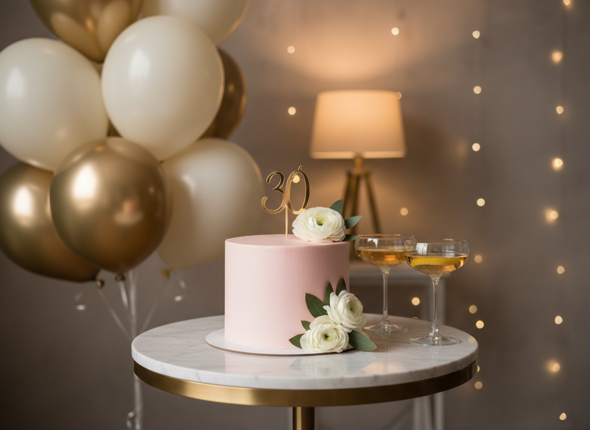 An intimate, high-end birthday celebration vignette, centered on a round marble-topped side table with delicately veined white stone and a slender brushed-gold base. On the table sits a single-tier cake with perfectly smooth pale blush frosting, accented by a minimalist cluster of fresh white flowers and a thin metallic number topper. Beside it, two crystal coupe glasses filled with sparkling beverage catch the light. In the softly blurred background, a curated arrangement of balloons in matte ivory and champagne tones hovers against a textured neutral wall. Gentle evening lamp light and faint fairy lights create warm, inviting highlights. Photographic realism, eye-level composition with a shallow depth of field, evoking exclusivity, intimacy, and a dreamy, celebratory mood.